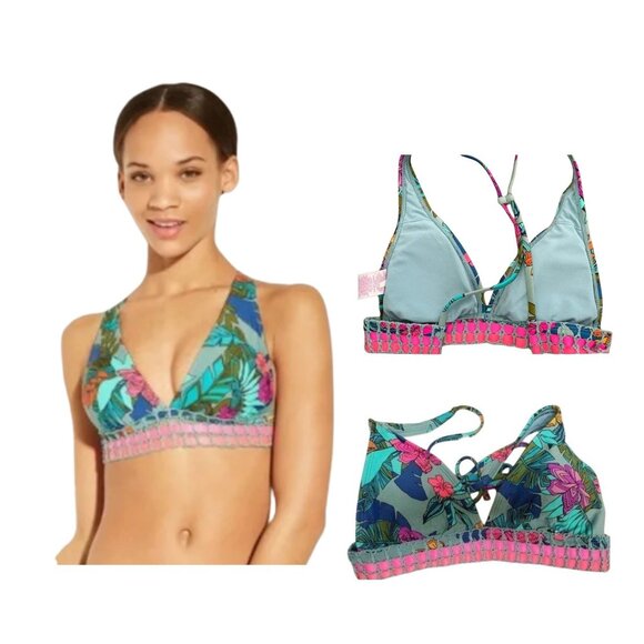 Tropical Print Crochet Trim Womens Bikini Top Medium - Picture 1 of 6